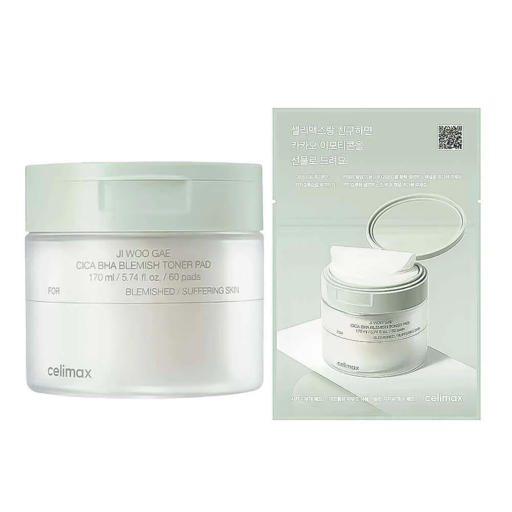 Celimax Успокаивающие тонер-пэды с кислотами и центеллой азиатской Ji Woo Gae Cica BHA Blemish Toner Pad 10 шт 30 мл